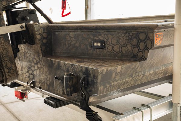 Close-up of welded aluminum hull seam on a Diamondback boat