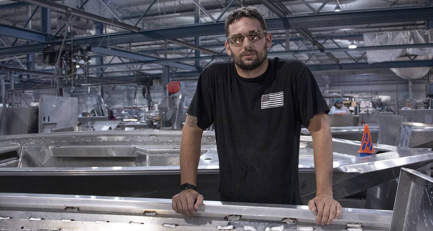 American boat manufacturing facility with welding and aluminum fabrication